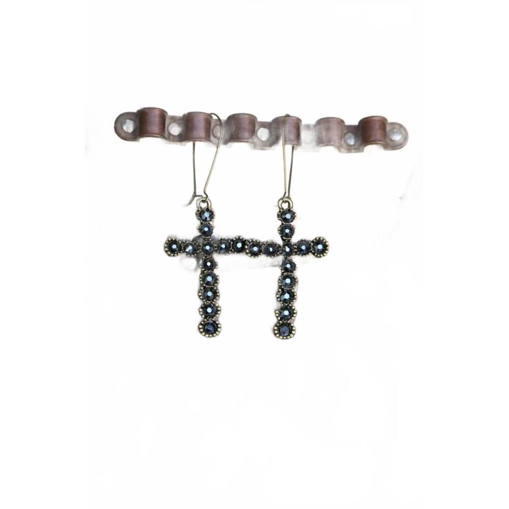 NEW PINK PANACHE women's sunflower cross crystal earrings in black